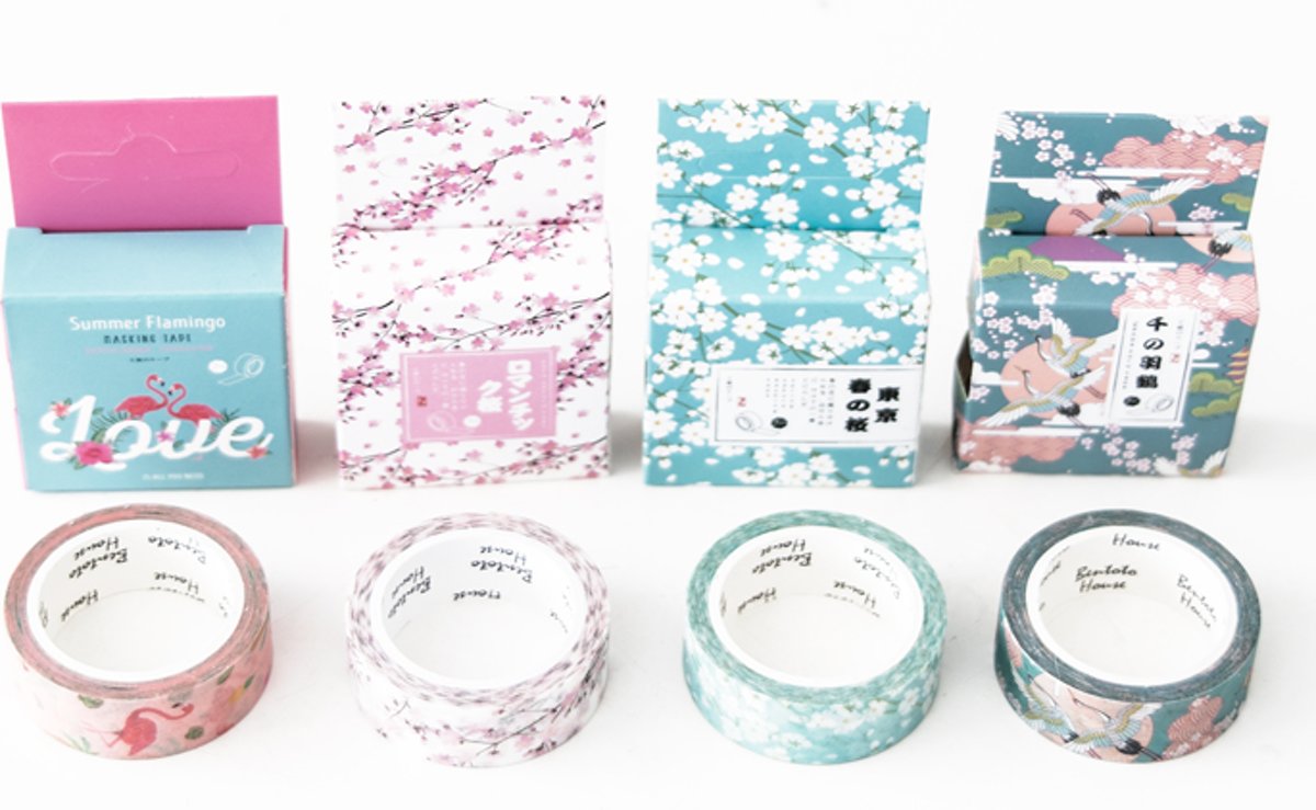 Set van 4 verschillende rolletjes Japanse Washi Tape Cool Blossom and Birds| Washi Tape met verschillende prints| Beschrijfbaar Washi Tape | 4 rolletjes Washitape met Flamingos, Kraanvogels en Bloesem | Masking Tape Japans